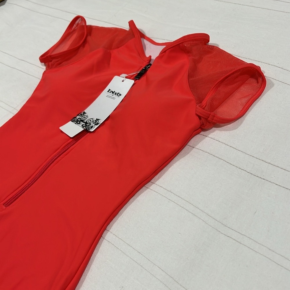 Coral/Pink Swimsuit One Piece Mesh Cap Sleeves Front Zipper Built In Bra - Picture 8 of 12